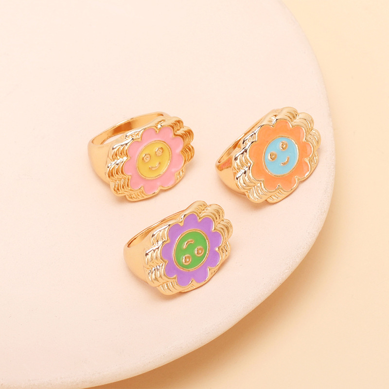 13g Weight Women'S Gender Green, Blue, Yellow Color One Size Size Wholesale Jewelry Cartoon Flower Smile Ring Nihaojewelry 5