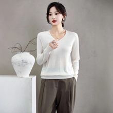 2025秋季新款精纺羊毛女士V领长袖打底衫通勤简约定制款