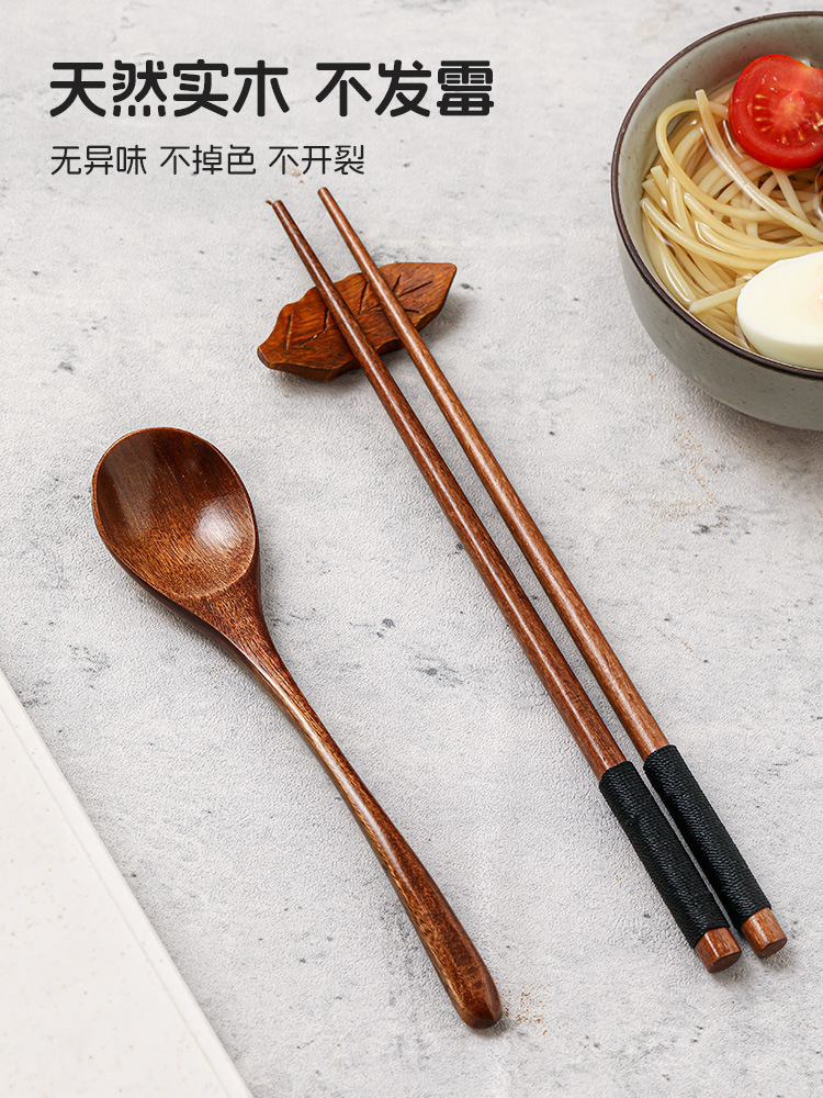 Chopsticks, spoon, wooden set, handheld children's tableware for elementary school students, storage box, 3 piece set