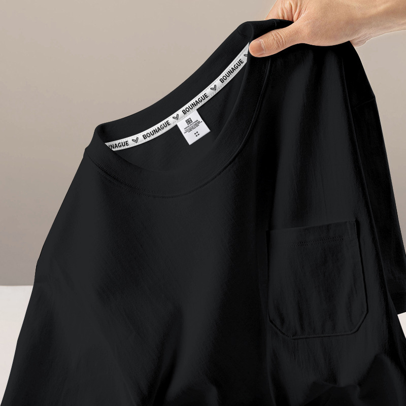 日系220G重ポンドポケットtシャツ男性夏レトロ純綿半袖カーディガン丸襟ゆるい純色半袖|undefined