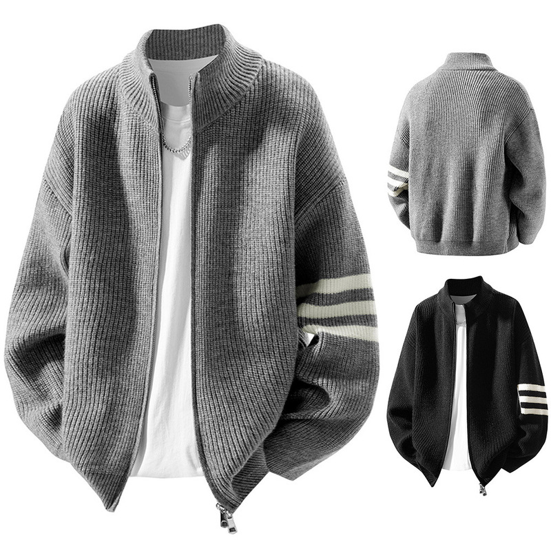 Three-Bar Striped Knit Sweater Cardigan for Men, Stand Collar, Autumn and Winter, Loose and Lazy Style, Popular Foreign Trade Cross-Border Wholesale