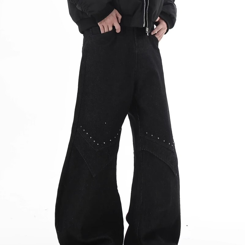 [Exclusively for Cross-Border Export] American Retro Rivet Deconstructed Scimitar Jeans for Men, High-End Loose Wide-Leg Pants