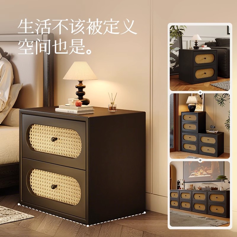 Mesita de noche estilo antiguo francés pequeño dormitorio doméstico tejido de ratán retro 2025 estilo caliente gabinete de cabecera de alta gama de lujo ligero