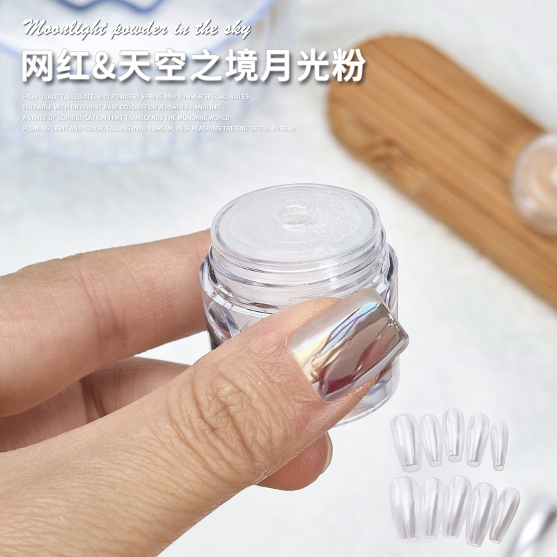 Nuevo espejo de manicuras de cielo de polvo de luna de perla de luz de luna blanca aurora de neón de alto brillo polvo de espejo mágico de uñas