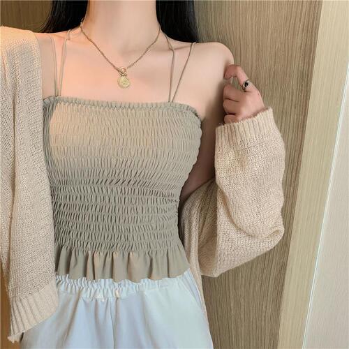 Ice silk beautiful back camisole for women with breast pads for outer wear double shoulder straps pleated mid-length solid color bottoming tube top underwear