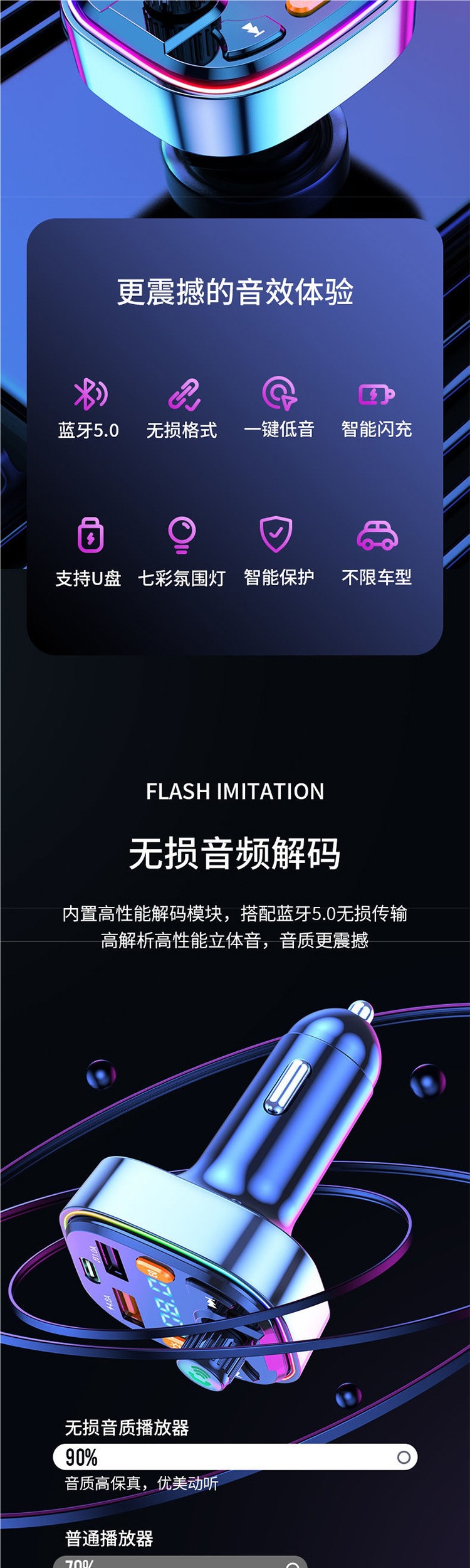 Car Bluetooth Receiver 5.0 Lossless MP3 Player Car Accessories Cigarette Lighter Multifunctional Charger Fast Charging