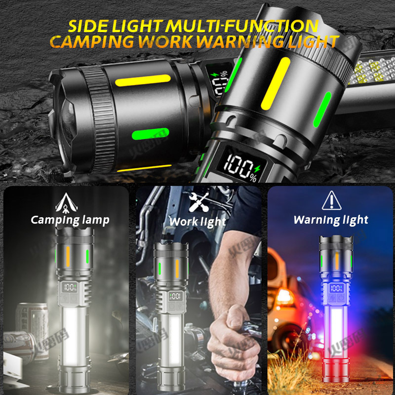 Carga ABS transfronteriza conveniente linterna brillante batería de larga duración con advertencia de cob, zoom fluorescente, linterna multifunción