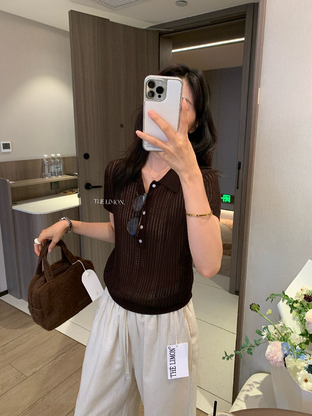 Áo thun polo nữ tay ngắn họa tiết ren Hàn Quốc 2026 mỏng nhẹ — màu nâu, Cà phê, xám đậm, Tên chi tiết 13