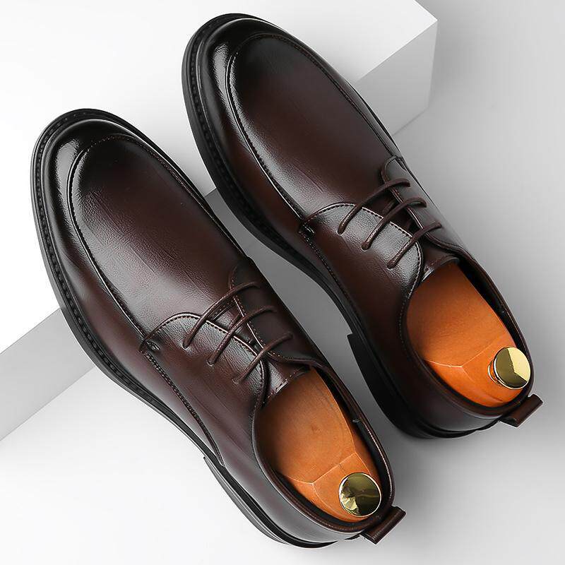 Giày da nam công sở da bò thật buộc dây mũi tròn thoáng khí chống trượt — Màu nâu, Màu đen