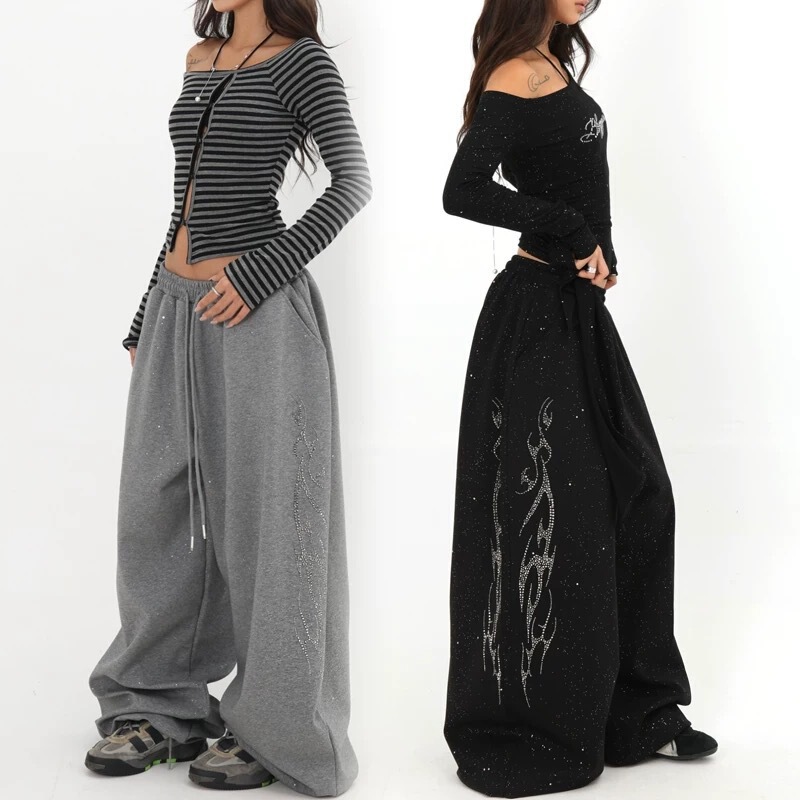 Korean-Style Lazy Vibe Rhinestone Silver Glitter Sweatpants for Women, Spring American Street Hip-Hop Slim-Fit Jazz Dance Flared Pants