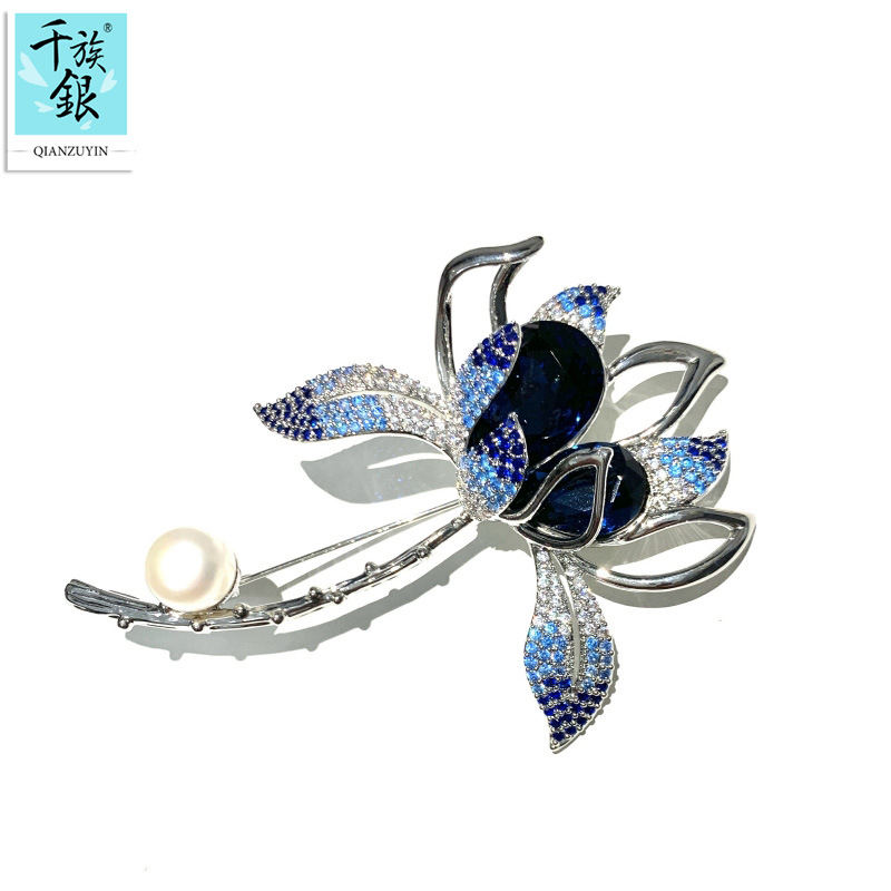 Qianyu silver foreign trade cross-border supply high-looking copper zircon natural freshwater pearl Lotus blue crystal brooch for women