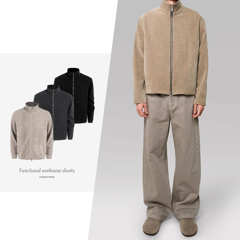 【Csmy】 No Logo Chenille Velvet Striped Old Money Jacket Double Zipper Mock Neck Embroidered Jacket