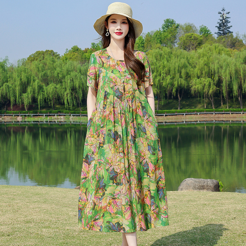 新しい夏のハイエンドコットンシルクドレス女性のミッドレングスファッショナブルなアウターウェア人工綿花柄コットンシルクスカート|undefined