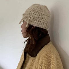 韩国可爱甜美穿插蝴蝶结绑带针织毛线帽包头套头冷帽男女保暖秋冬