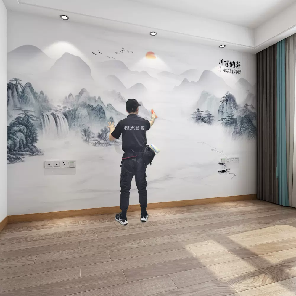 电视背景墙壁纸客厅海纳百川装饰现代简约山水墙纸壁画影视墙