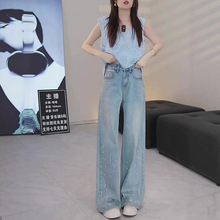 145小个子显高浅蓝色百搭烫钻直筒牛仔裤女夏季150设计感显高显瘦