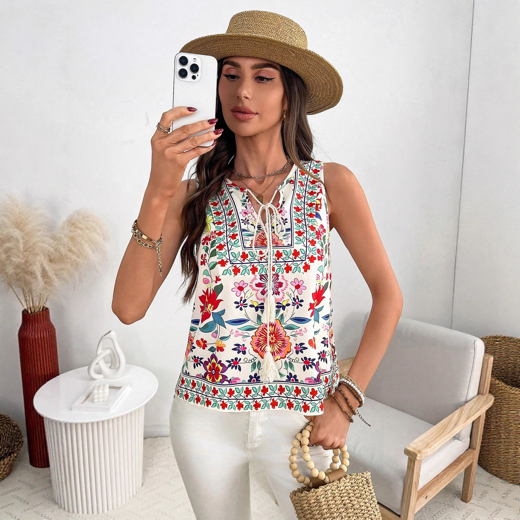 欧美跨境亚马逊速卖通爆款2025新款印花v领无袖女士背心