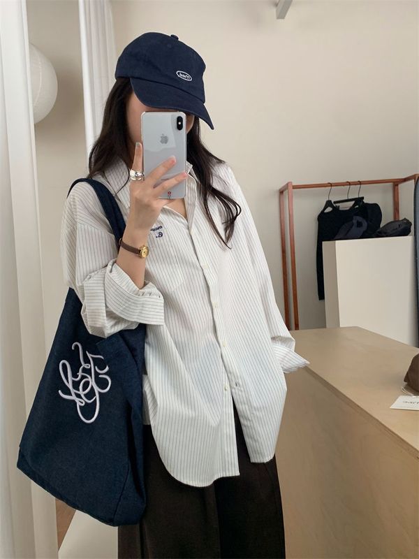 休闲风气质简约条纹长袖衬衫女2025秋季新款宽松显瘦通勤百搭上衣|undefined