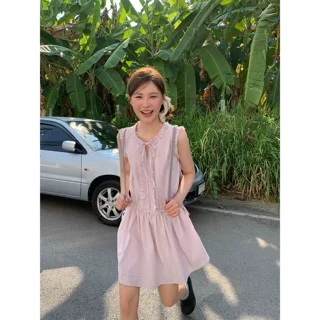 木耳边抽绳收腰背心裙女夏季新款小众设计a字气质连衣裙