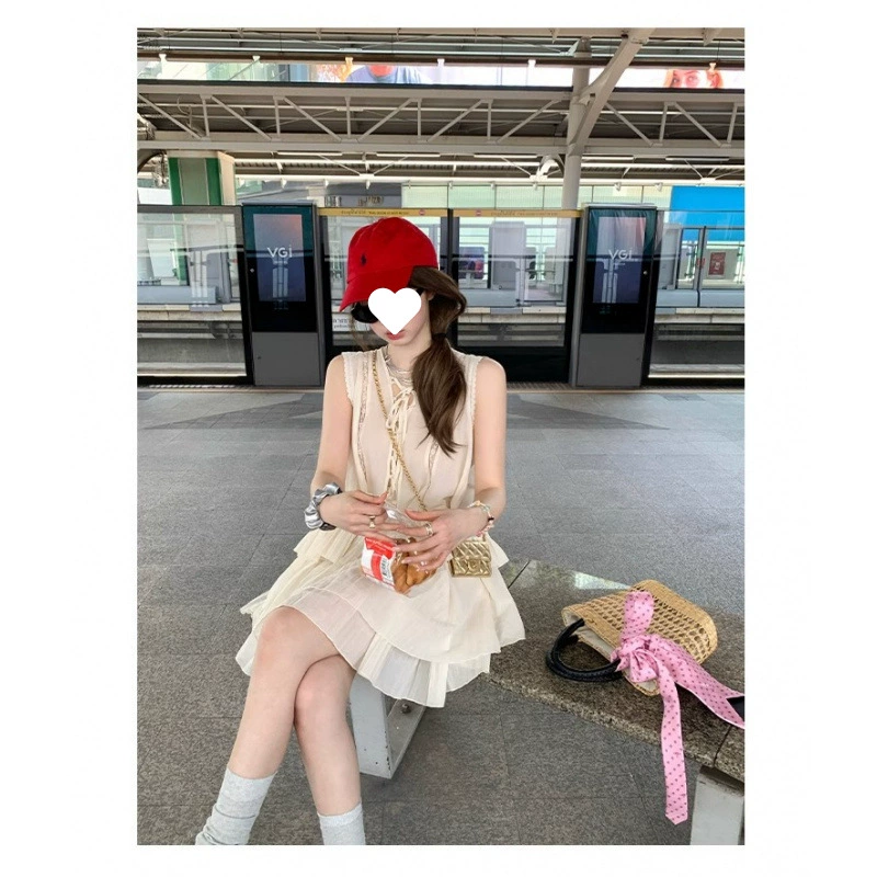 Корейский костюм из чистого хлопка, плиссированный жилет на шнуровке, юбка нестандартной формы