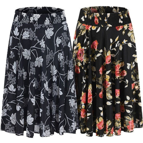Summer Women's Half-length Skirt Thin Ice Silk Medium-length High-waist Embroidered Skirt with Large Hem, Dance Skirt for Middle-aged and Elderly Mothers