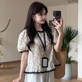 韩系撞色圆领套头复古小碎花短袖衬衣女夏新款泡泡袖百搭显瘦上衣
