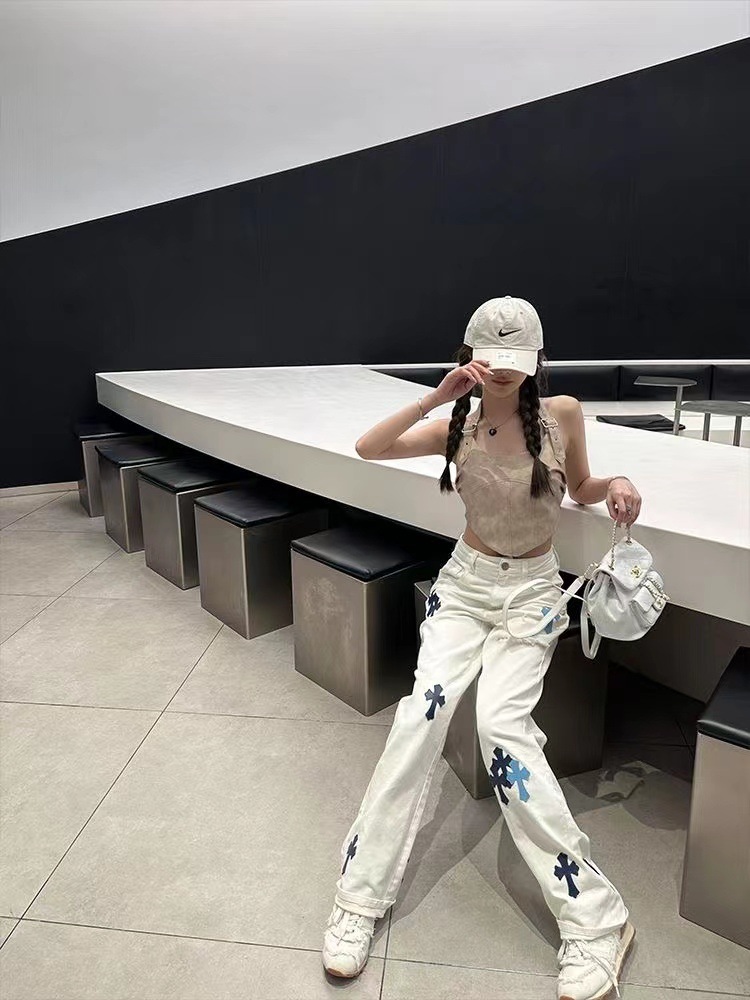 Womens Cross Embroidered White Wide Leg Jeans, High Waist Baggy Denim Pants, Casual Straight Leg Trousers For Daily Wear & Party Jeans Damen	_desvips.com