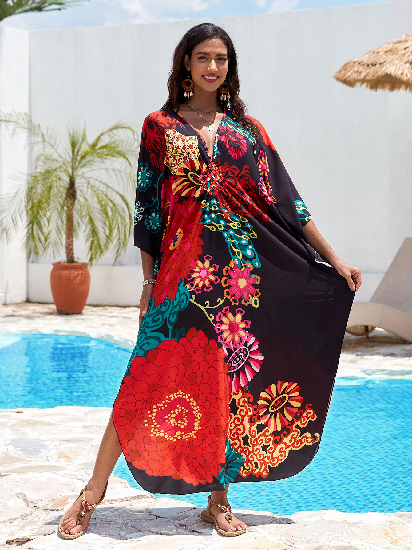 Nuevo posicionamiento de Europa y América impresa playa blusa tejida a mano V-collar vestido de vacaciones vestido largo 31 colores