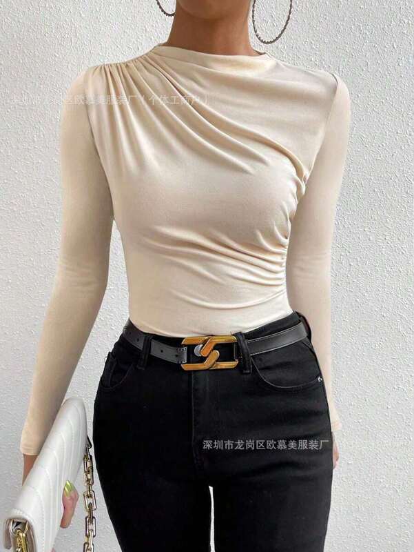 跨境2025欧美亚马逊纯色修身打底衫百搭女式纯色长袖褶饰时尚T恤|undefined