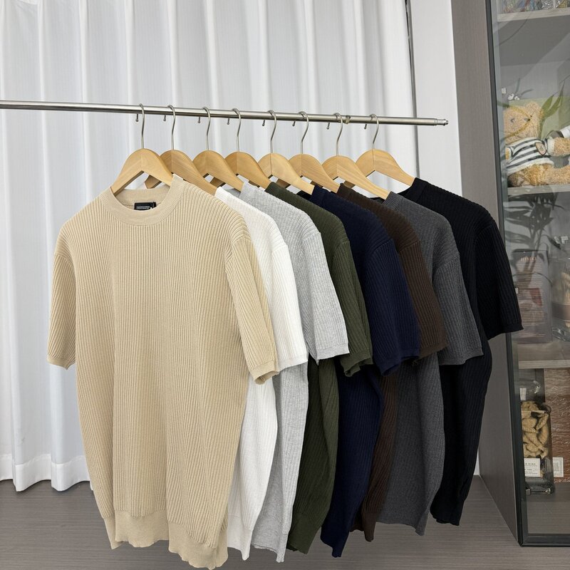 Designer Line! Delicate and Soft! Men's Casual Solid Color Round Neck Knitwear Short-Sleeve T-Shirt for Spring, Summer, and Autumn