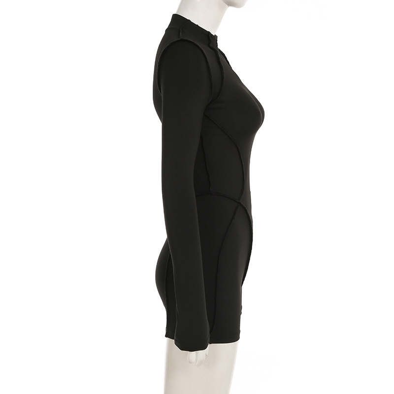 Women Clothing Spring Autumn Long Sleeve Reverse Car Split Zipped round Neck Casual Sports Jumpsuit Shorts