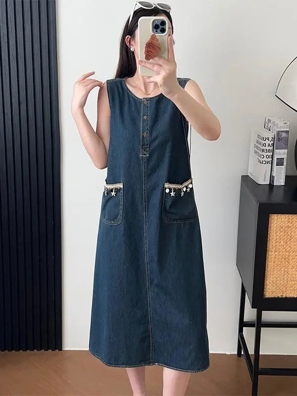 法式休闲牛仔背心连衣裙女夏季新款韩系高级感减龄显瘦休闲长裙潮|undefined