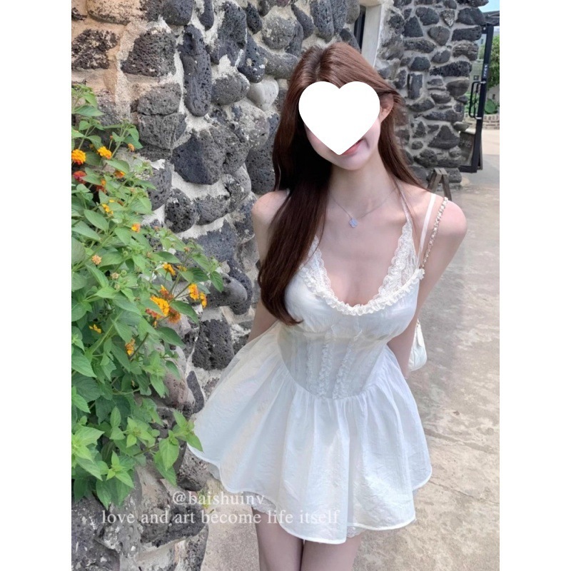 フランスの美しいレーススカート偽ツーピースVネックレース白ドレス女性の痩身純粋な欲望の気質ショートスカート|undefined