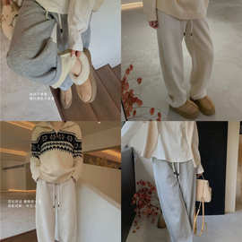 实体店款蚕丝羊毛弯刀裤加绒休闲裤女高腰松紧宽松阔腿裤潮2025冬