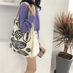 E53 New Leaf Print Thick Canvas Bag Casual Shoulder Bag Large Capacity Korean Style Handheld Women's Bag