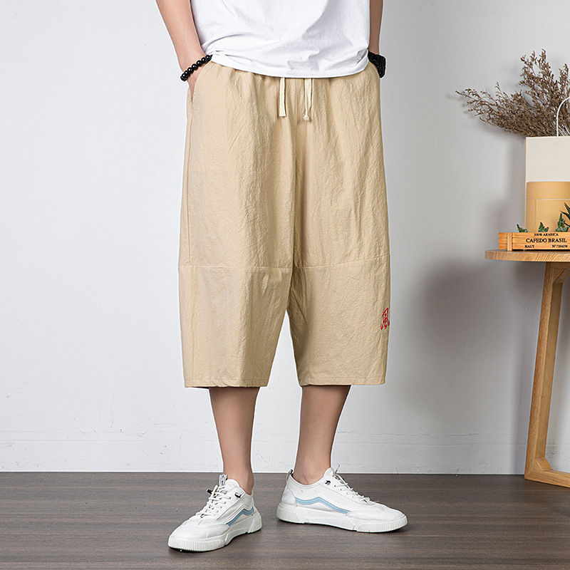 トレンディなブランドの男性用クロップドパンツ、リネンショートパンツ、無地の中国風紳士服、ルーズストレートビーチパンツ、トレンディなコットンとリネンのパンツ|undefined