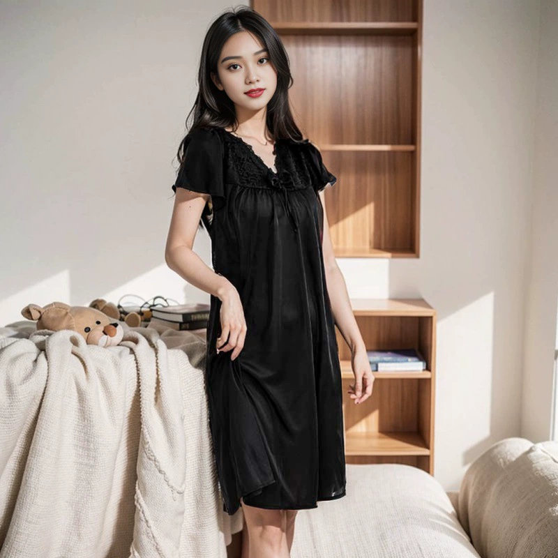 С нагрудным ковриком большой размер пижамы женский летний ледяной шелк V-образный вырез тонкая рубашка с короткими рукавами свободная толстая мм корейская версия дамы летняя тонкая