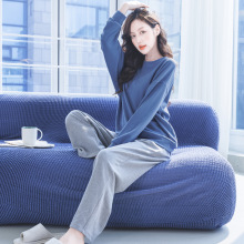 春秋新款睡衣女士双面德绒纯色撞色长袖长裤秋冬保暖可外穿家居服