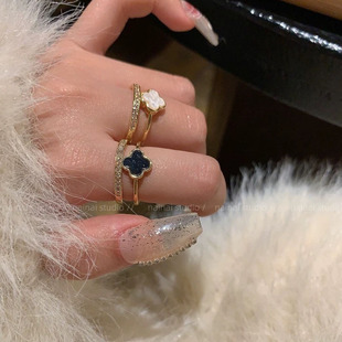 Black Double-layer Four-leaf Clover Opening Ring Women's Light Luxury Super Flash 2025 New Style Elegant All-match Index Finger Ring
