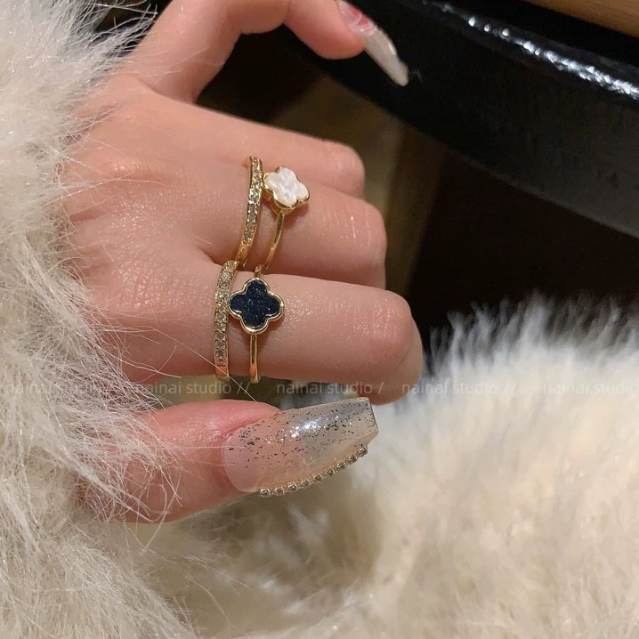 Black Double-Layered Four-Leaf Clover Open Ring for Women, Light Luxury, Super Shiny, 2026 New Style, Versatile Index Finger Ring Black Double-Layered Four-Leaf Clover Open Ring for Women, Light Luxury, Super Shiny, 2026 New Style, Versatile Index Finger Ring