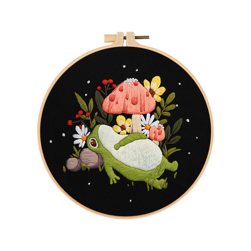 Paquete de material de bricolaje bordado a mano de rana, conjunto de costura creativa de hongos, principiante hecho a mano, inglés transfronterizo original