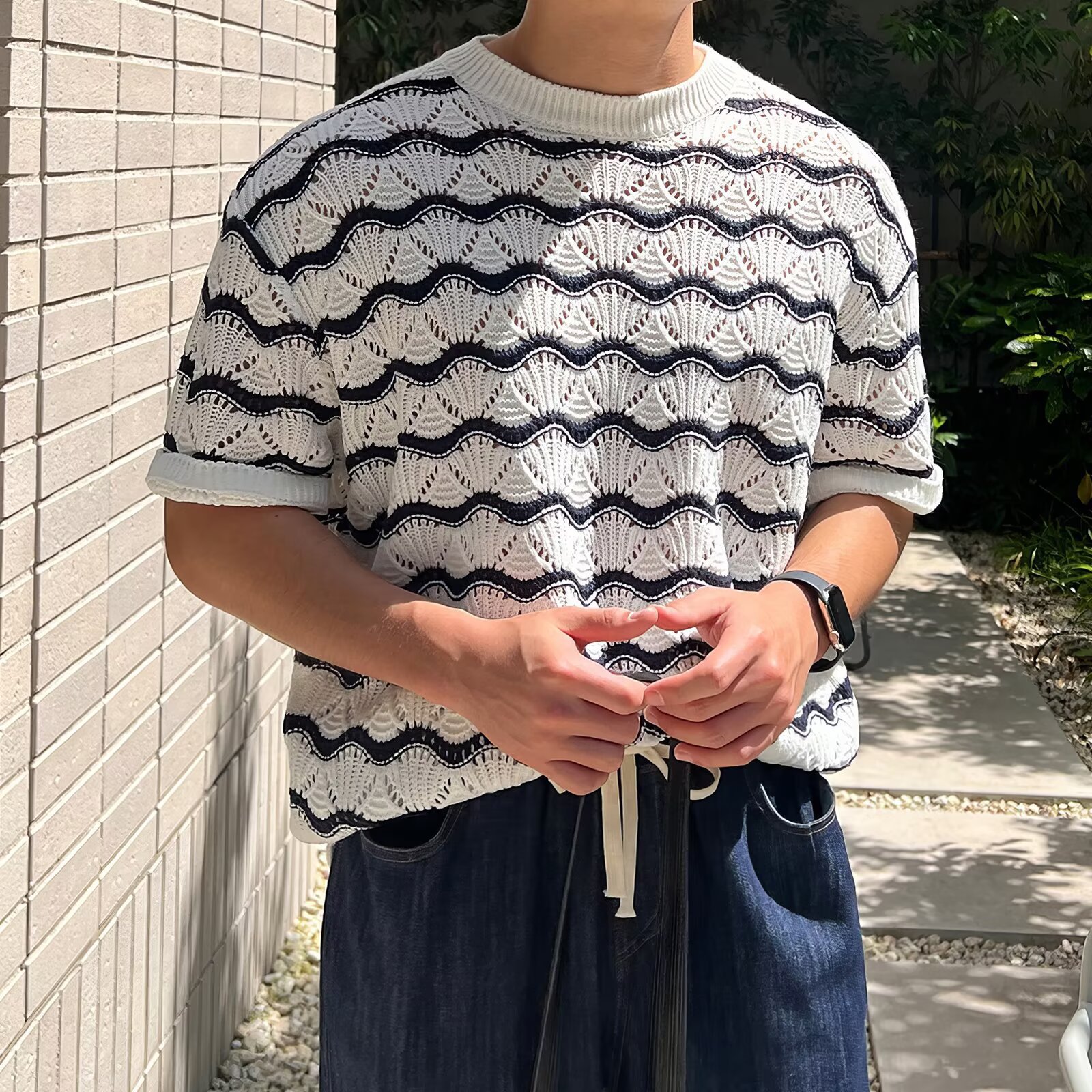 Men's Short-Sleeve Summer T-Shirt Trendy Brand High-End Heavy-Duty Hollow Knit Jacquard Wave Stripe Top
