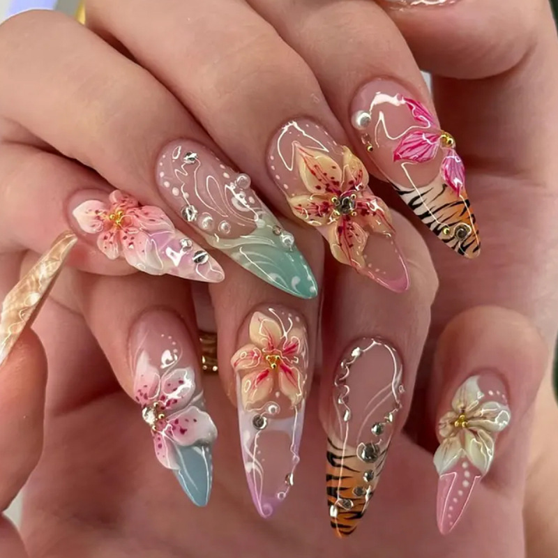 Wearable Long Nails with Water Drop Gradient French Edge, 3D Floral Design, Pearl and Rhinestone Embellishments, Detachable Fake Nail Patches