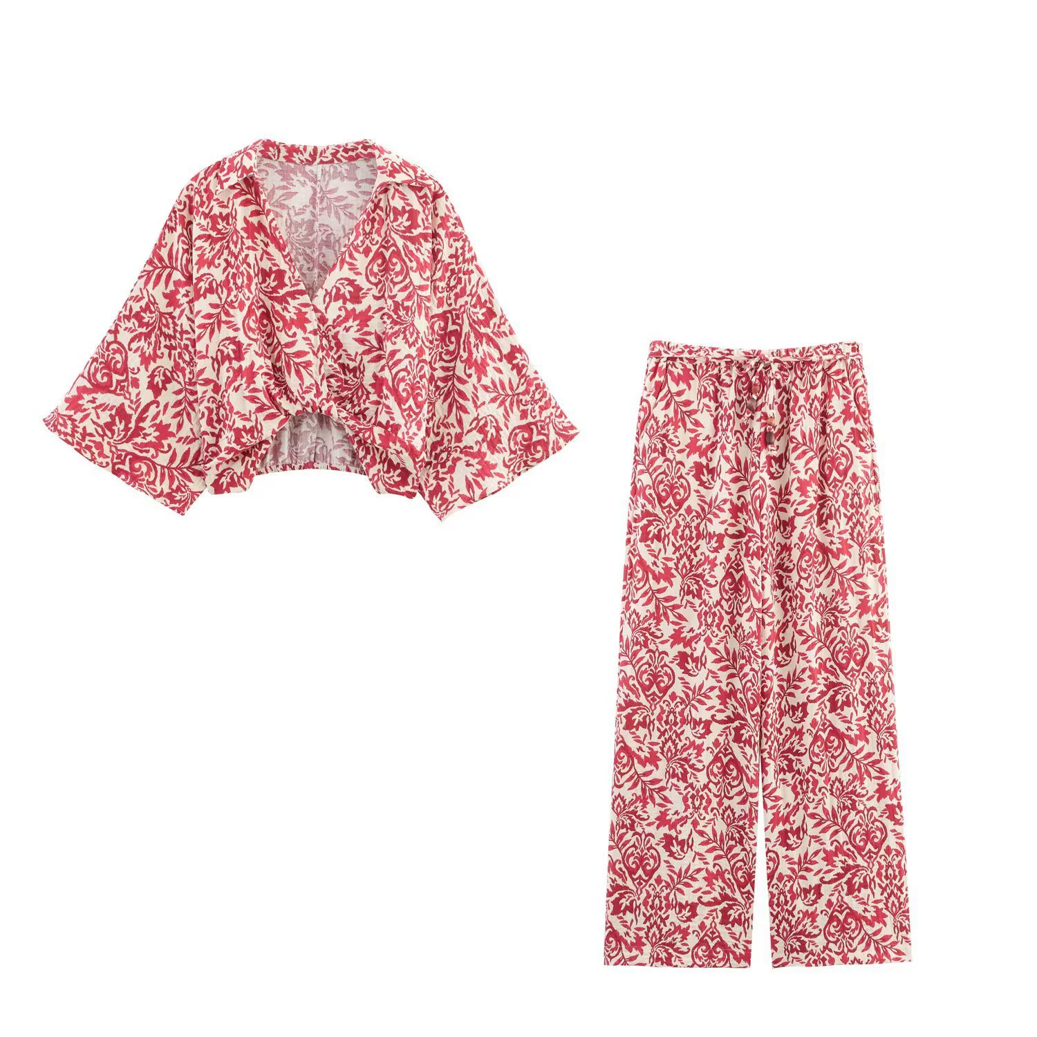 PB&ZA женский летний топ с V-образным вырезом и принтом 2025 года 3408587 + брюки с широкими штанинами и принтом 3401587