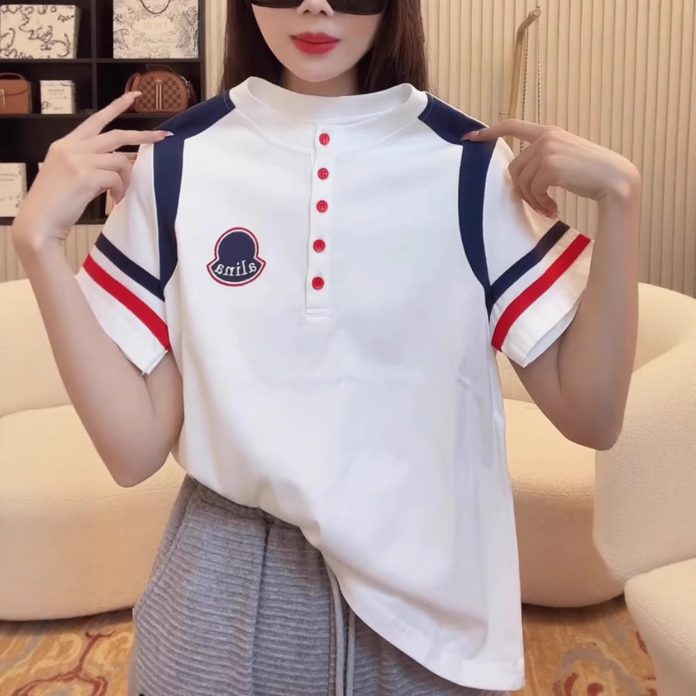 This Year's New 2025 Summer White Printed Stripesd Short-Sleeved T-Shirt Women's High-End Half-Button Slimming Look Top