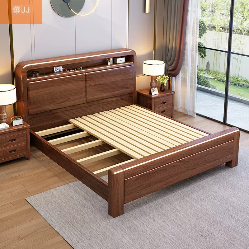 中式金丝橡胶木色实木床主卧榫卯结构1.8x2米单双人床家用大婚床