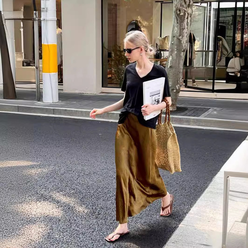 Premium 100% High-End Pleated Acetate Satin High-Waisted Skirt for Women, Spring and Autumn Straight-Leg Floor-Length A-Line Skirt Premium 100% High-End Pleated Acetate Satin High-Waisted Skirt for Women, Spring and Autumn Straight-Leg Floor-Length A-Line Skirt