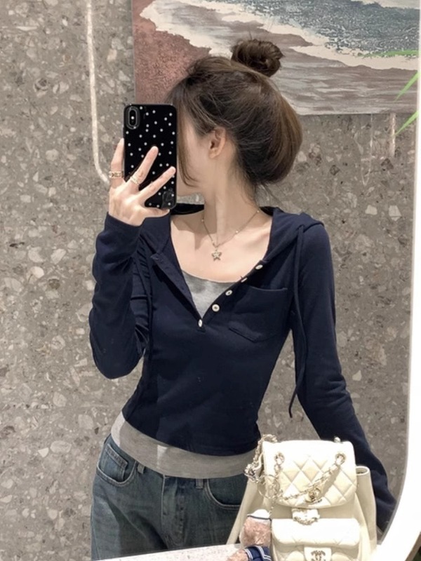 假两件修身连帽上衣女装早秋季设计感小众别致小衫长袖t恤短款|undefined