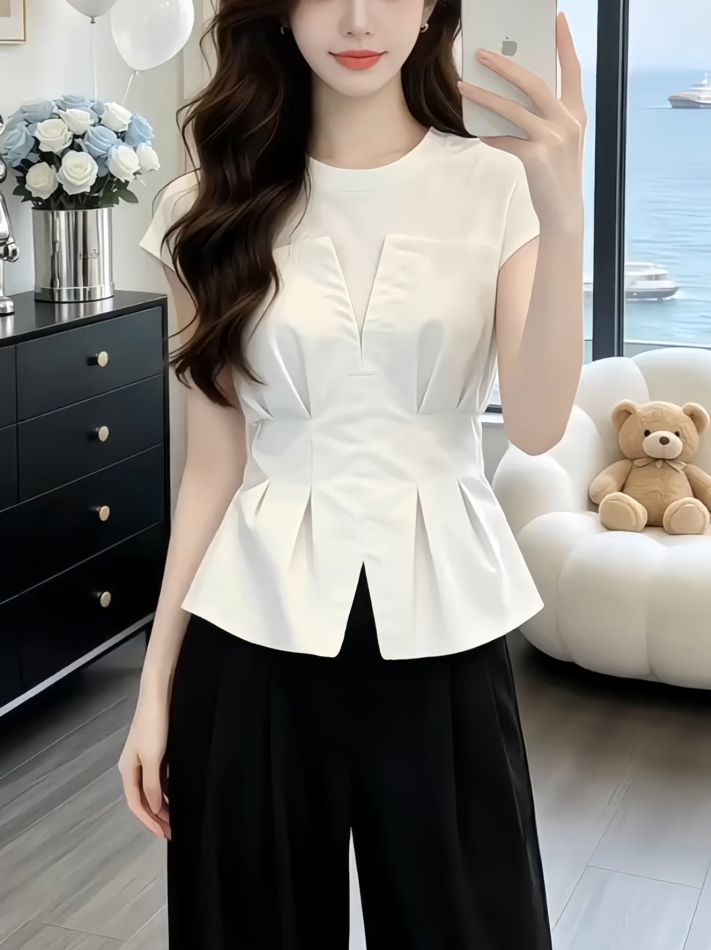 Áo sơ mi ngắn tay nữ phối mảnh thiết kế eo thon — màu trắng chi tiết 5