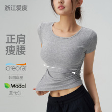 莫代尔罗纹修身瑜伽服正肩收腰短袖女运动T恤跑步健身服紧身罩衫